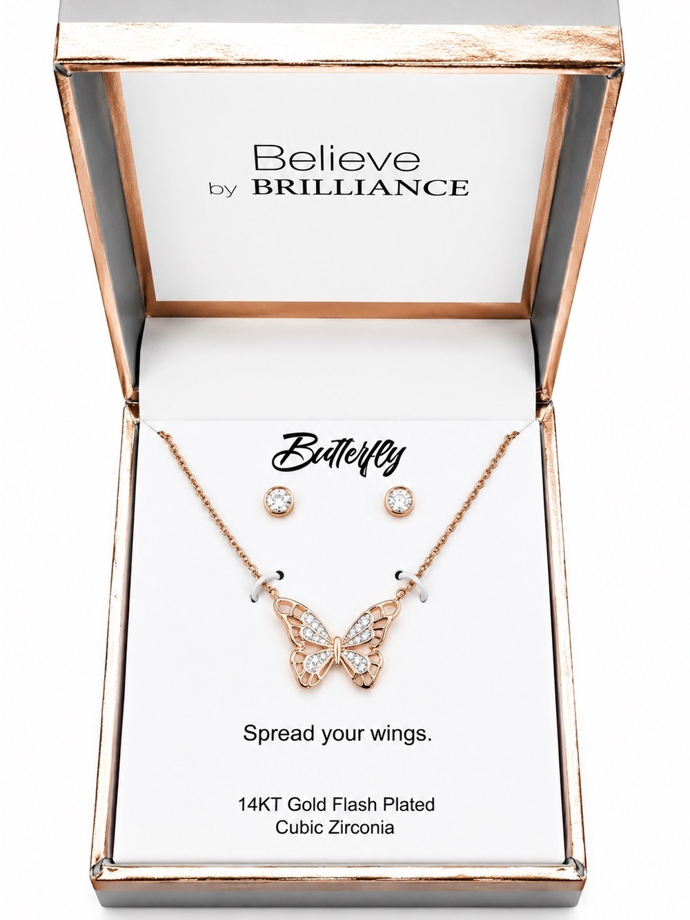 Believe by Brilliance Butterfly Necklace Earrings Gift Set Rose Gold CZ